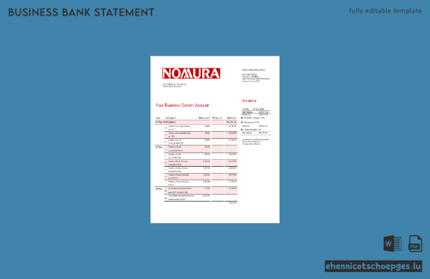 Nomura Bank Geschäftskontoauszug – Beispielvorschau (Word und PDF)